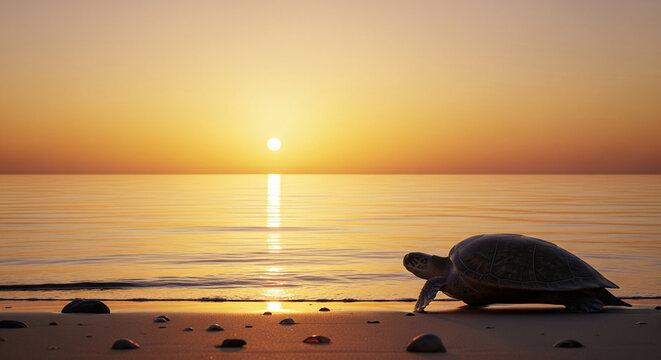 turtles on the beach at sunset