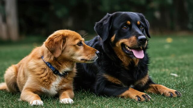 Two dogs resting on green grass