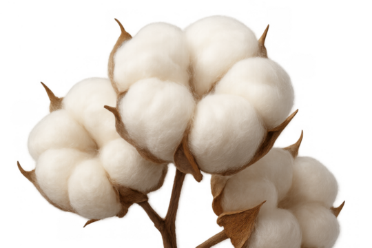 Cotton bolls growing on a stem, natural soft fiber material for textile production with transparent background