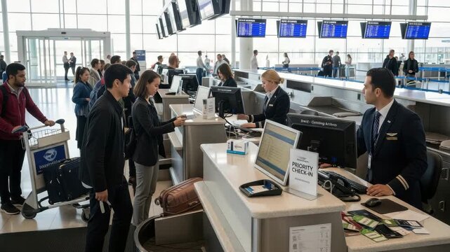 Passengers checking in at the airport counter before departure flight