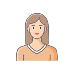 Illustration of a smiling woman with long brown hair, wearing a neutral colored top