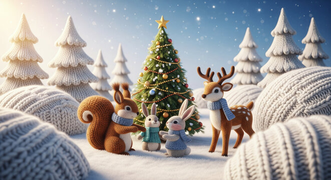 Knitted picture: forest animals near a Christmas tree in a snowy forest
