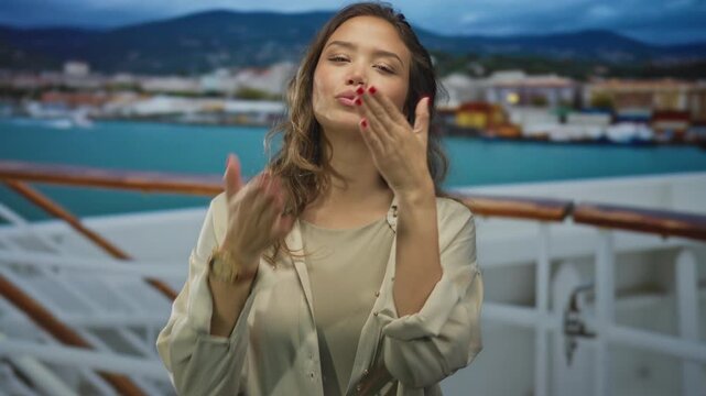 Woman sending a kiss on a cruise ship with a seaside backdrop, capturing a joyful, outdoor moment with a young, hispanic feel, embodying vacation vibes at sunset.