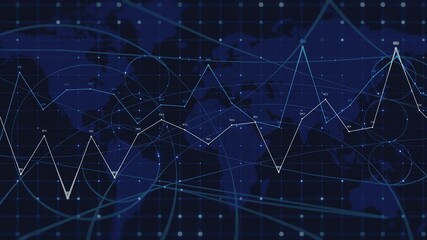 Digital analytics data background, global network connections, fluctuating line charts, graphs, numbers. Represents business, finance, technology, big data, AI, worldwide communication. Ideal for - Powered by Adobe