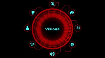 Futuristic Vision X interface with glowing icons for innovation strategy security and growth on dark background digital technology concept - Powered by Adobe