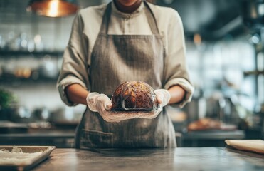 Professional baker presenting glazed pudding dessert