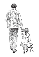 Father with little daughter walking outdoors together, back view, realistic sketch, vector hand drawn illustration in white background