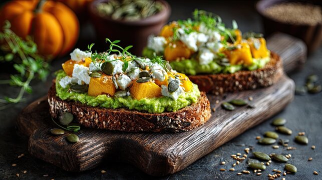 Healthy toasts with avocado, rye bread, cheese, pumpkin, nuts and sesame seeds for breakfast or lunch
