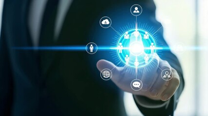 Businessman touching a digital network interface with icons representing people motion animated video 4k - Powered by Adobe