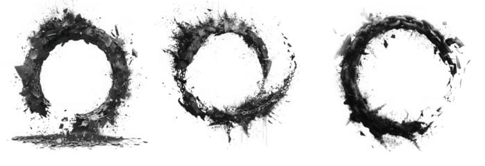 Three circular ink splatters with a gritty texture, isolated on transparent background