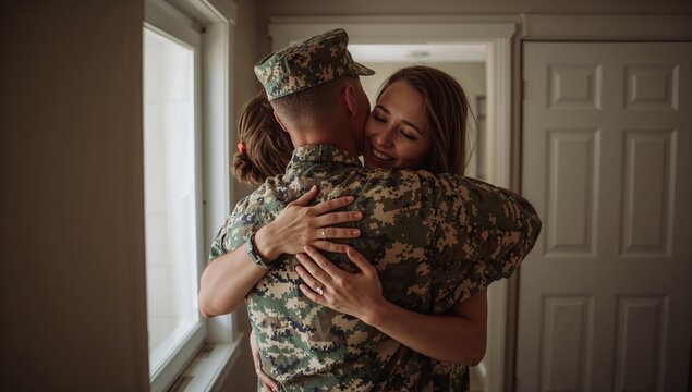 Military Couple Embraces Joyfully During Reunion in Cozy Home Setting