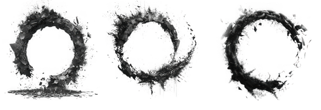 Three circular ink splatters with a gritty texture, isolated on transparent background