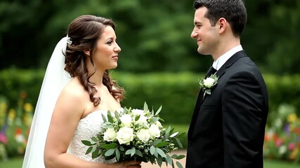 The joyous bride and groom share a loving look on their wedding day in a beautiful garden.