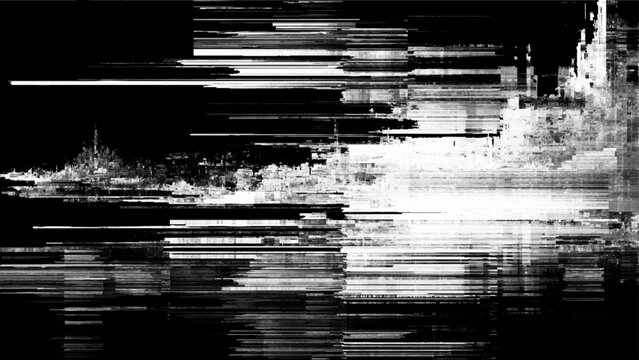 Abstract Black and White Glitch Art with Fragmented Urban Landscape