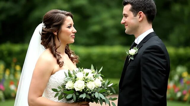 The joyous bride and groom share a loving look on their wedding day in a beautiful garden.