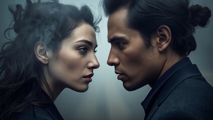 Intense Standoff Between Two Figures in a Misty Urban Setting During Twilight