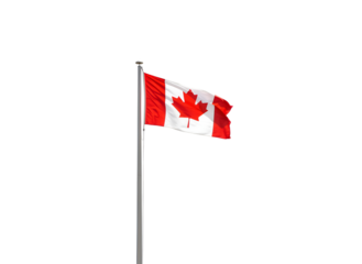 Canadian Flag Waving on Pole Against Dark Background on white background Isolated on Transparent Background
