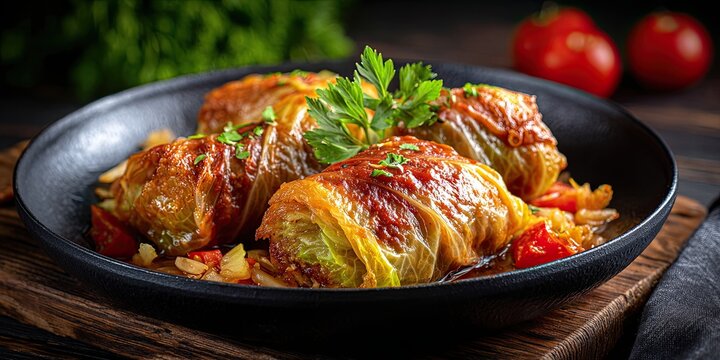 Homemade cabbage rolls with meat, rice and vegetables on a dark rustic background