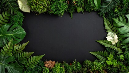 Green leaves frame on black background