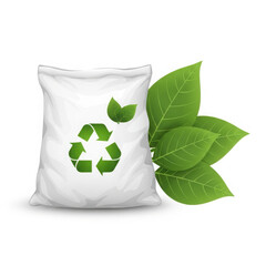 Sustainable fertilizer bag with green leaves, recycle symbol vector