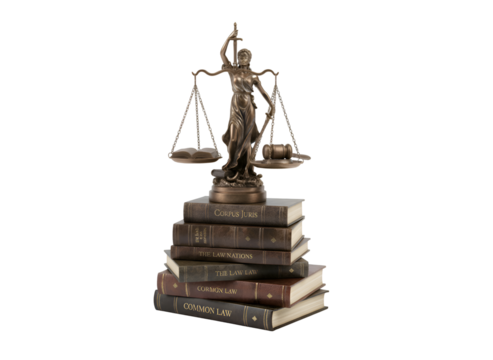 Justice Statue with Scales and Sword on Stack of Legal Books on white background Isolated on Transparent Background