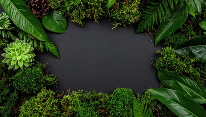 Green leaves frame on black background