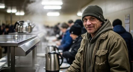 Homeless people. Homeless man in a warm jacket smiles while serving food in a bustling soup kitchen, with steam rising and people waiting in line for meals, showcasing community support and compassion
