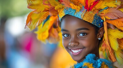 A smiling girl in a vibrant feather headdress