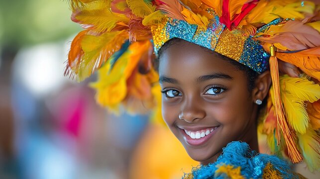 A smiling girl in a vibrant feather headdress