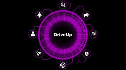 Drive Up digital interface with glowing purple H U D elements and icons representing business growth security ideas and teamwork on black background futuristic technology concept - Powered by Adobe