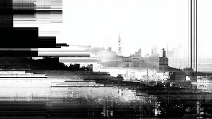 Abstract monochrome cityscape glitch art design with skyscraper in horizon