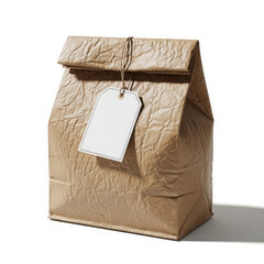 Crumpled brown paper bag with blank tag isolated on white background