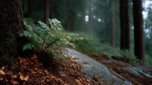 Close-up of a small fern growing on the side of an old tree in a forest, misty morning, pine trees and rocks, deep green colors, cinematic.