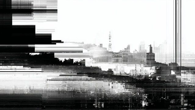 Abstract monochrome cityscape glitch art design with skyscraper in horizon - Powered by Adobe