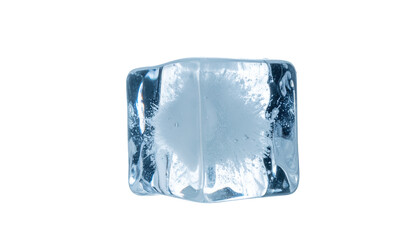 Obraz premium A single, clear ice cube with cloudy air bubbles is prominently featured, isolated on a clean transparent background, ideal for beverage advertising.