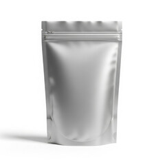 Shiny silver stand-up pouch with zipper on white background mockup