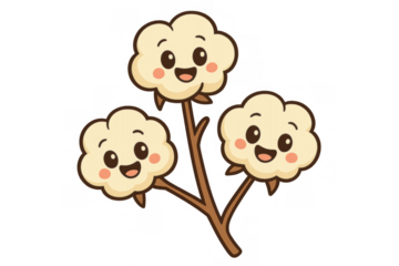 Three smiling kawaii cotton plant bolls vector with cute faces and pink cheeks showing happiness, transparent background