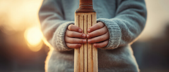 Child holding small cricket bat at sunset outdoor