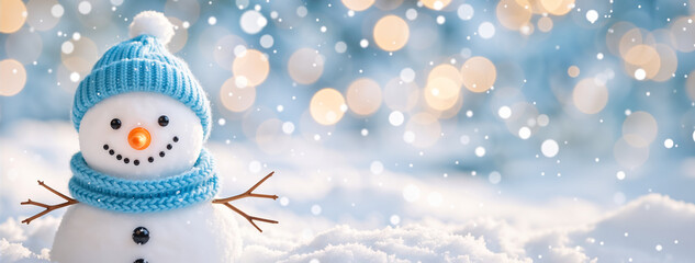 Cute snowman in a blue knitted hat and scarf on a snowy winter day. Festive Christmas holiday background with falling snow and bokeh lights. Wintertime banner with copy space