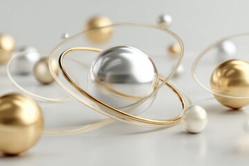 Abstract Orb Geometry: An artistic, abstract composition features glistening golden and silver orbs intertwined with delicate, orbital rings, creating a sense of sophisticated elegance.