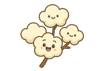 Cute smiling cotton plant cartoon character illustration on branch, representing nature, softness, and purity, transparent background