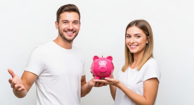 Happy Couple Saving Money Piggy Bank and Financial Planning, smiling with investment