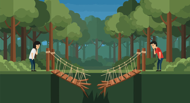 Facing challenges broken bridge concept with two people in forest backdrop