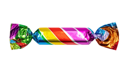 A single colorful candy wrapped in shiny foil isolated on transparent background