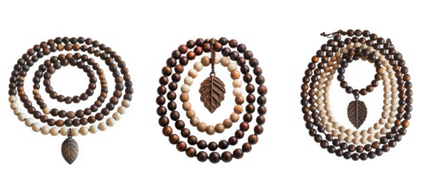 Three wooden mala necklaces with leaf pendants, isolated on transparent background