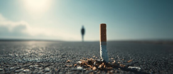 Burnt cigarette butt on asphalt with person in background, Quit smoking concept