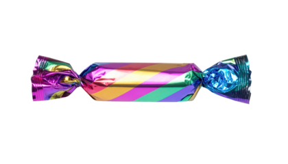 A single colorful candy wrapped in shiny foil isolated on transparent background