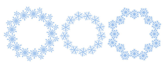 Vector round frames with snowflakes. Festive New Year and Christmas background. Hand-drawn illustration. Hexagonal geometric snowflakes. Illustration for design and decoration.