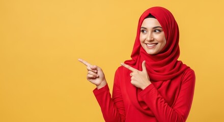 Smiling young woman in red hijab confidently pointing fingers left, presenting an idea or advertising a product against a vibrant yellow background