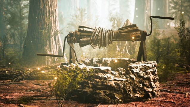 Amidst towering trees and soft beams of light, an ancient well stands, adorned with moss and twinkling fairy dust. Nature creates an enchanting atmosphere in this hushed clearing.